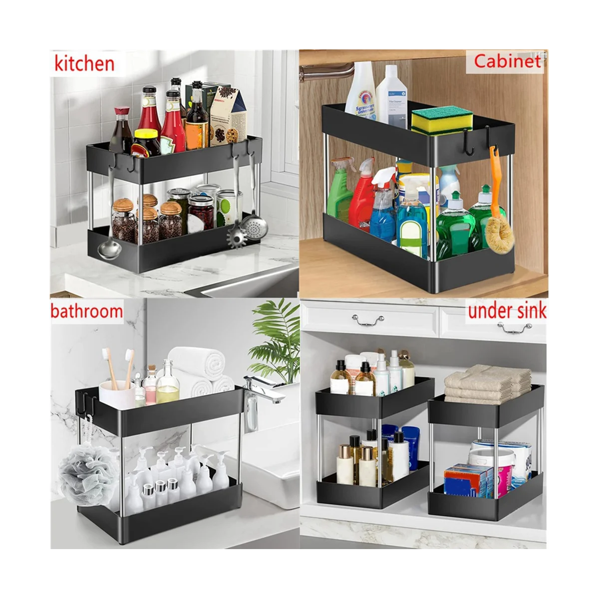 Multiuso armazenamento Rack gaveta, armário de cozinha, banheiro prateleiras, 2 Tiers, 2pcs