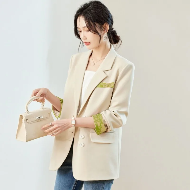 เสื้อเบลเซอร์ผู้หญิงสไตล์จีนสุดหรู รุ่นใหม่ ฤดูใบไม้ผลิ/ฤดูใบไม้ร่วง ปี 2025 ทรงโอเวอร์ไซส์ แฟชั่นลำลอง สีสันตัดกัน พรีเมียม