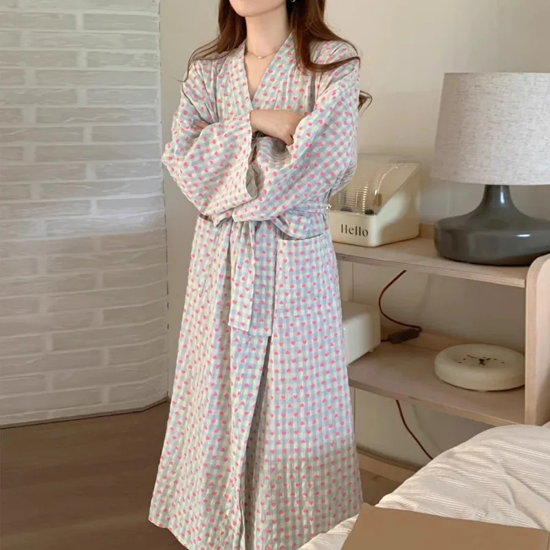 bathrobe women\'s bathing love plaid loose long sleeve long kimono V-neck lace up trousers nightgown sexy robe women\'s girl