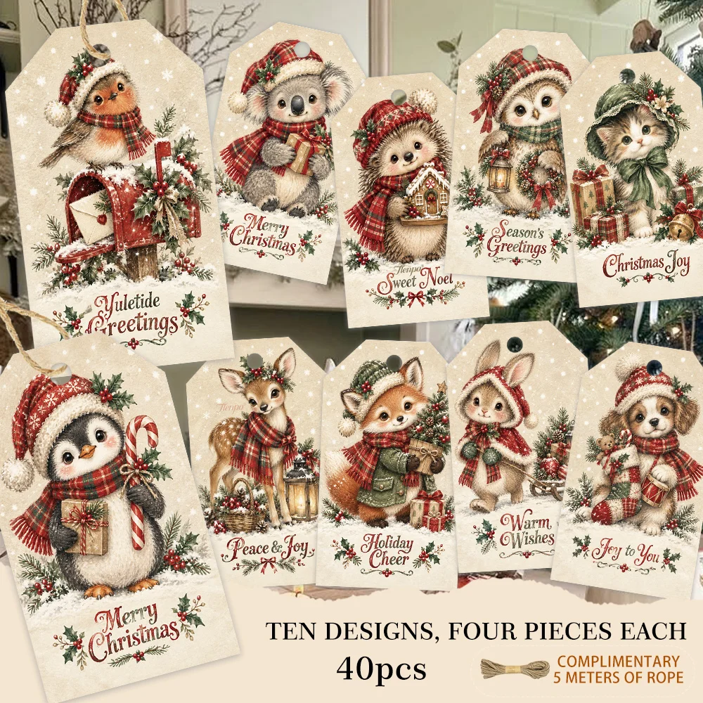 40pcs, Gift Tags, Vintage Plaid Outfit Snowman, Hanging Paper Labels for Gift Wrapping, Holiday Party Decor with String