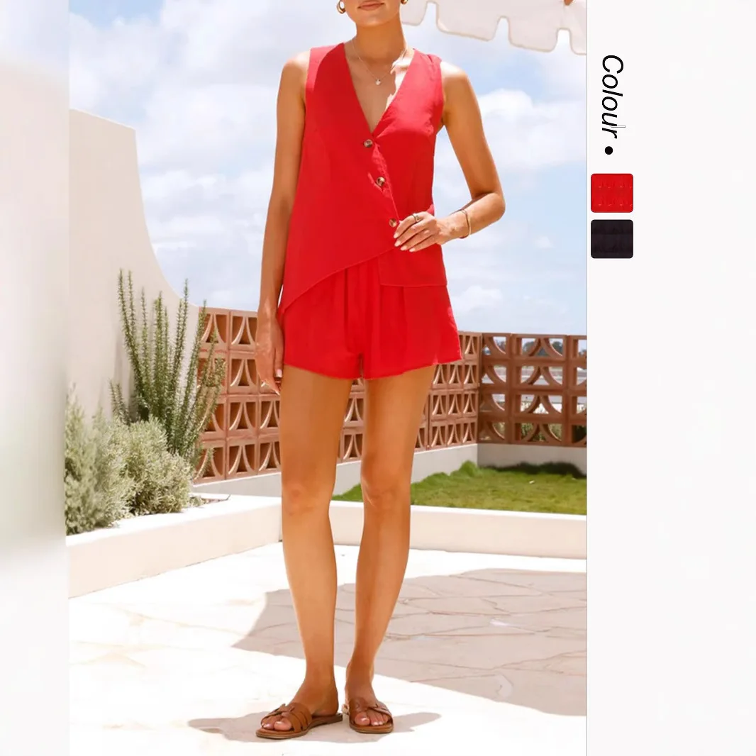 

summer New shorts sets 2025 2 piece sets woman outfit fashion Vest Tops+Pure Color shorts two piece outfits woman