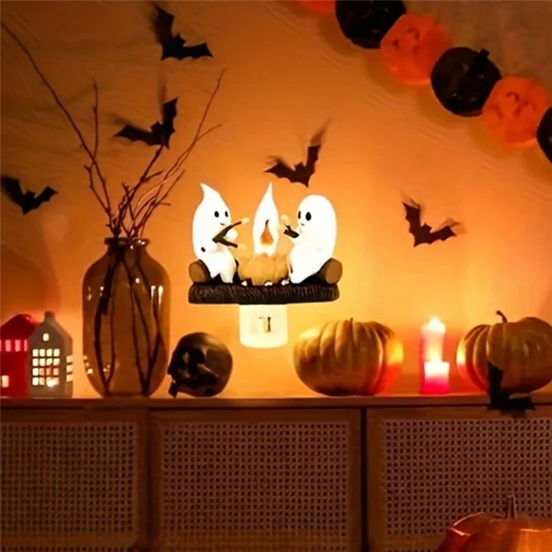 Ab06 fantasma fogueira cintilação luz noturna 3d fogueira fantasma nightlight fantasmas assar fogueira s'mores cintilação chama luz