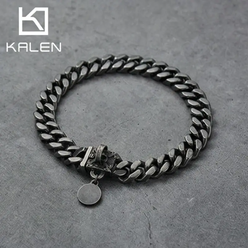 Kalen 20mm Border Collie Reversible Cuban Chain Necklace Cool Stainless Steel Skull Buckle Round Tag Dog Leash Fashion Jewelry