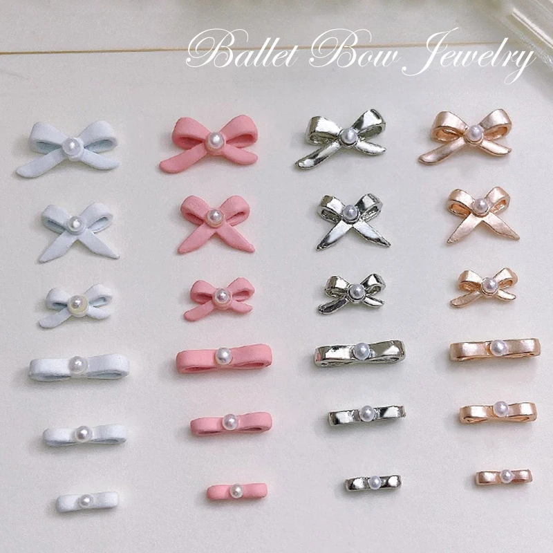 20pcs Ballet Nail Jewelry Pearl Inlay Bow Knot Alloy Decorations Girl Pink White 3D Bowtie Manicure Accessories