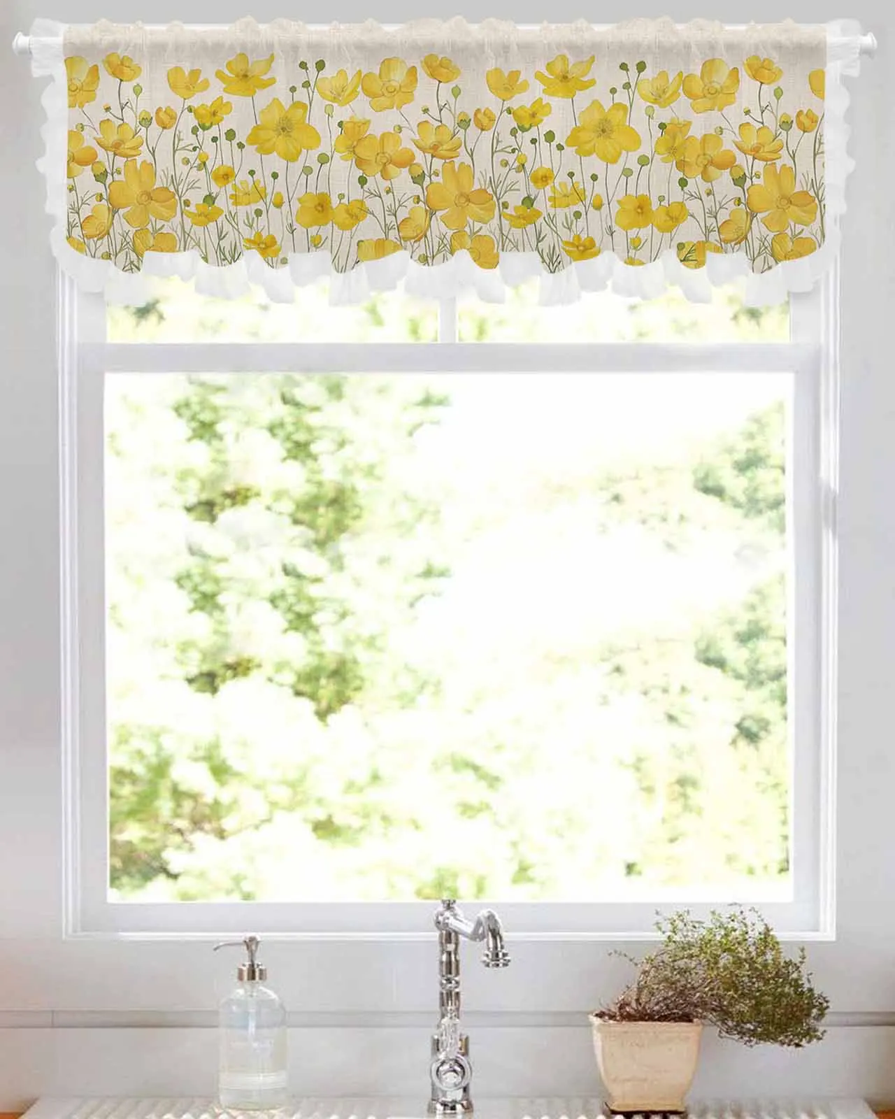 Watercolor Style Chrysanthemum Short Tulle Half Curtains for Living Room Kitchen Door Cafe Window Sheer Valance Drapes