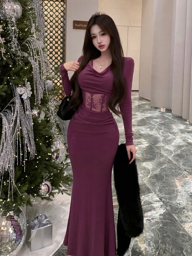 REDDACHiC-vestido calado de encaje para mujer y bufanda de piel sintética, tejido de manga larga con cuello vuelto, vestido largo ajustado, ropa Sexy de otoño