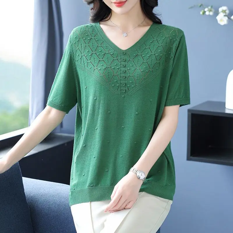 Short-sleeved Top Summer Knitwear New Hollow Ice Silk Fashionable Half-sleeve Loose Thin Style