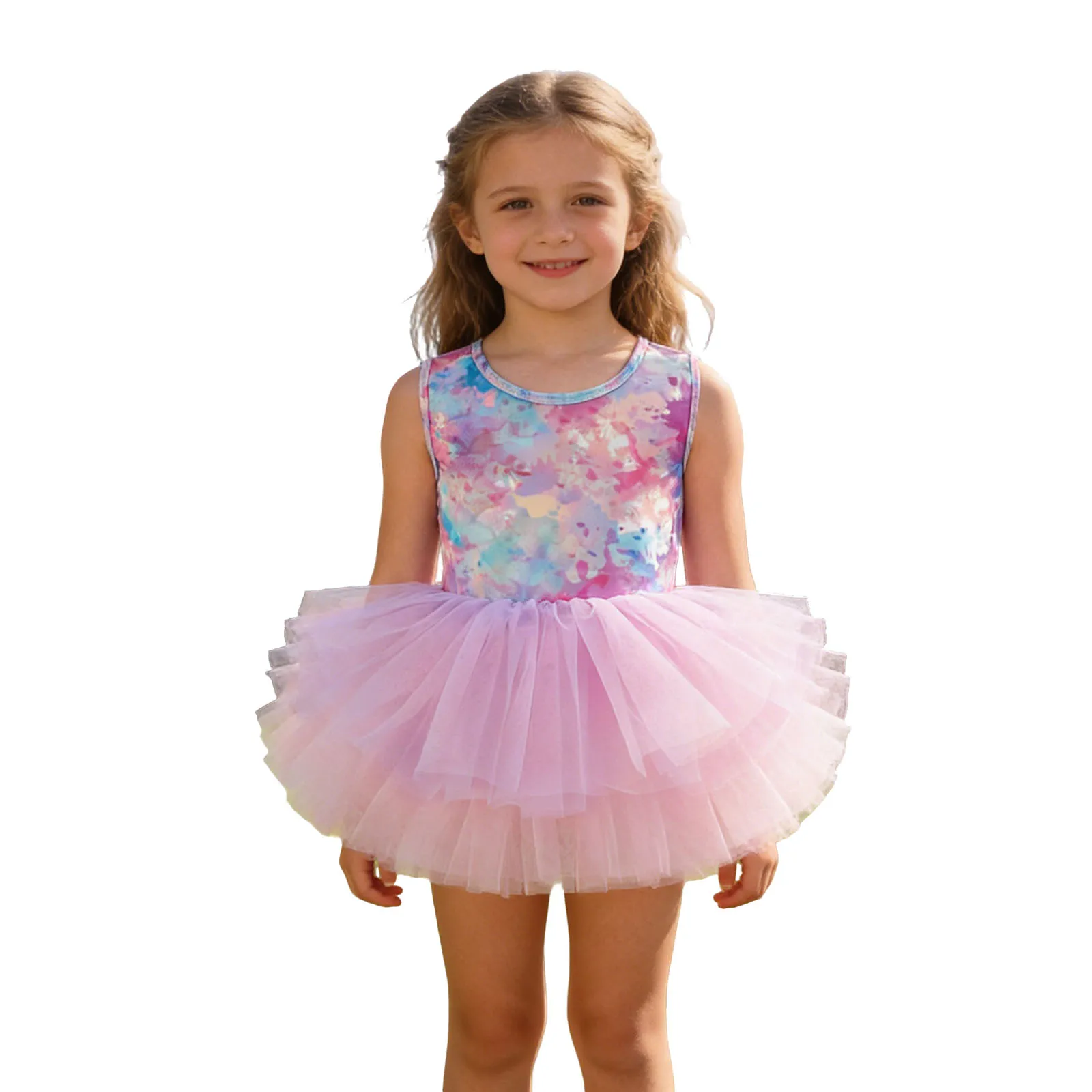 

Kids Girls Lovely Printed Sleeveless Tutu Dress Round Neck Design Kids Ballet Gymnastics Clothes For Daily Dancing Performance