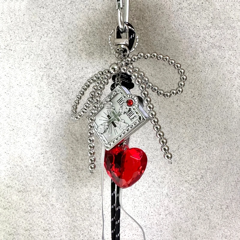 

Gothic Red Crystal Heart Cross Book Keychain Black Rope Punk Charm Aesthetic Blue Heart Bow Keychain Bag Pendant Fashion Jewelry
