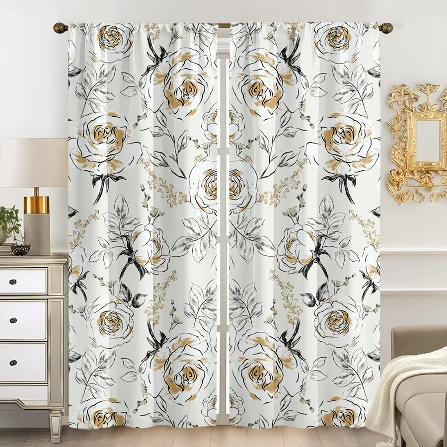 2 Stück mehrfarbige Vorhänge mit weißem Gold-Rosen-Blumenmuster, Stangendesign für Schlafzimmer und Wohnzimmer