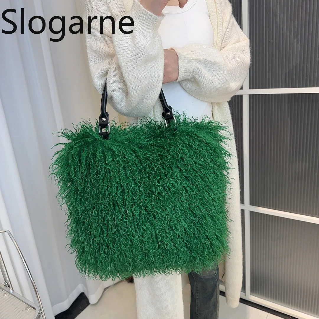 Tas Tangan Bulu Seksi Wanita 2026 Hadiah Tahun Baru Tas Tote Bulu Mongolia Fashion Wanita Tas Selempang Bulu Mewah Musim Dingin