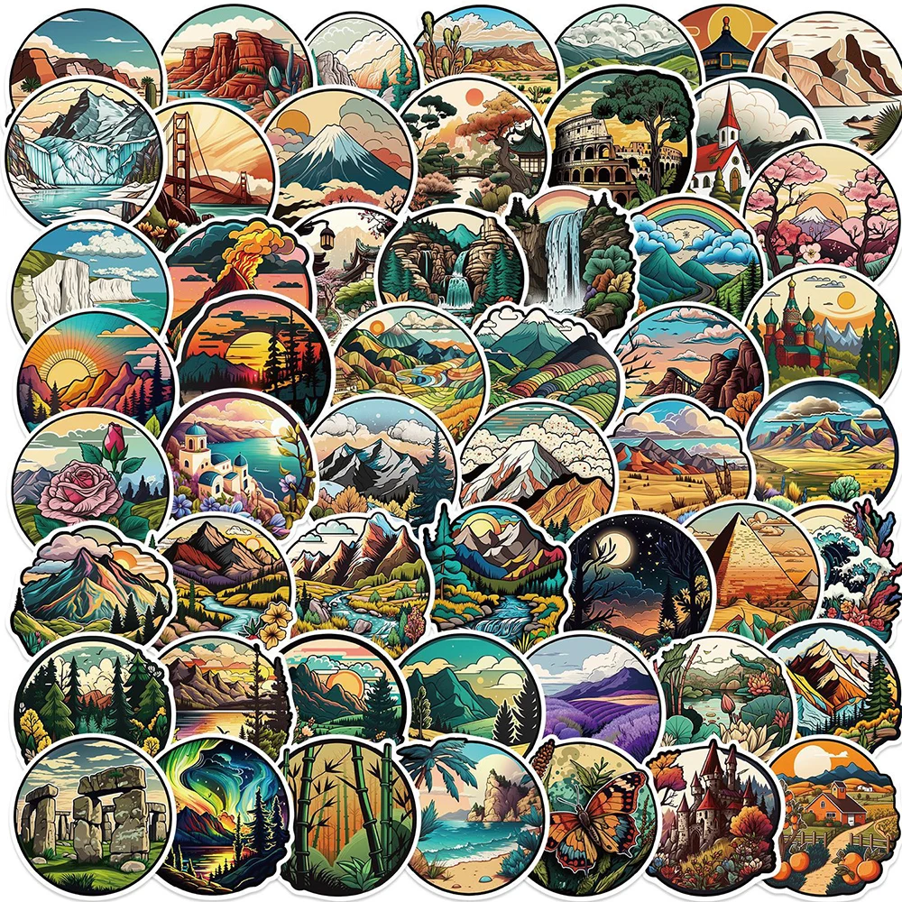 10/30/50pcs Cartoon Outdoor Scenic Spots Stickers Beautiful Scenery Decals Skateboard Diary Helmet Decoration Sticker Toys Packs