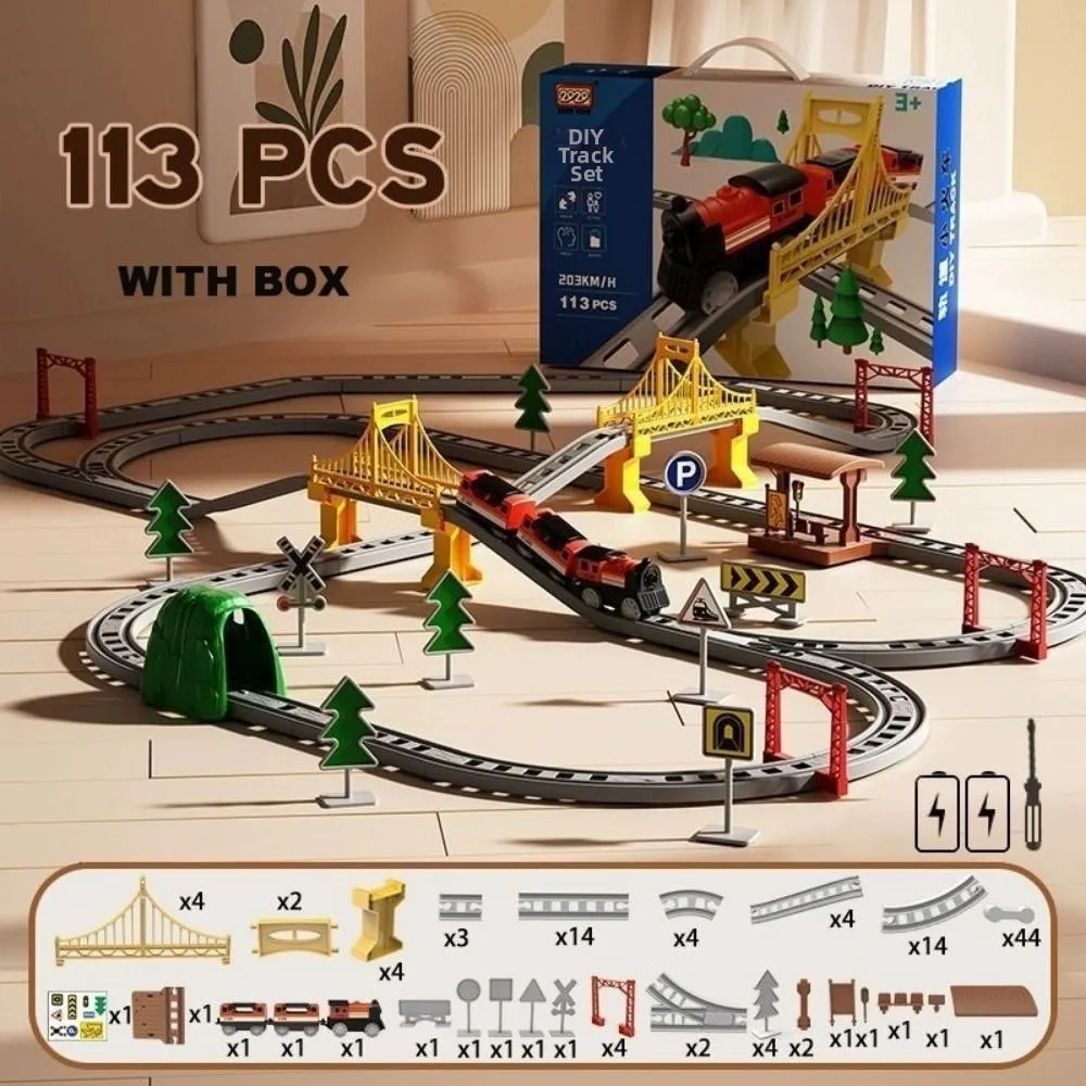 Treno elettrico per bambini 7 stili con binario in plastica con scatola Giocattoli per auto con binario elettrico per bambini Regalo di compleanno per bambini