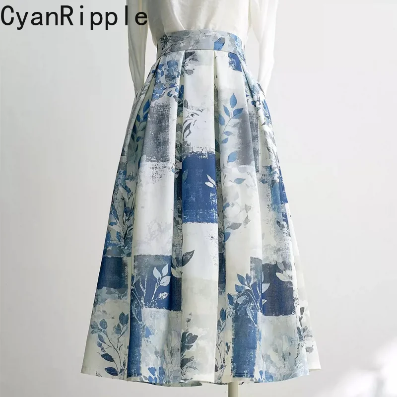 New Spring Summer Vintage Printed Women Cotton-linen Skirts High Waist Pleated Skirt All-match Mid-length Female Umbrella Skirts