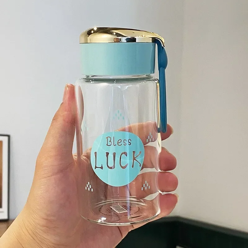 300ml Lucky Letter Glass Mini Simple Fresh Lovely Water Bottle with Cover Rope Small Capacity Portable Heat Resistant Coffee Cup