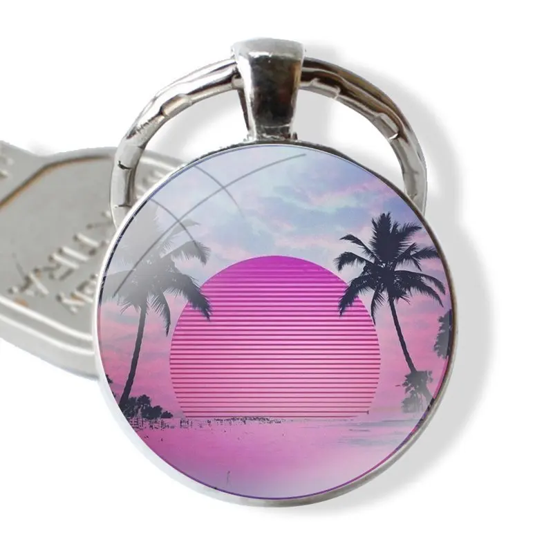 Art coconut tree seagull sunset Keychain Glass Cabochon Metal Pendant Classic Men's Women's Keyring