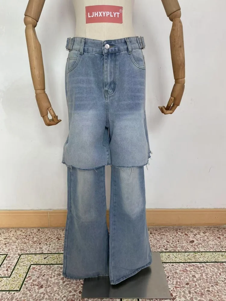 

Женские широкие синие джинсы со съемным дизайном, модные брюки для девочек, свободные джинсовые брюки, женские брюки с высокой талией