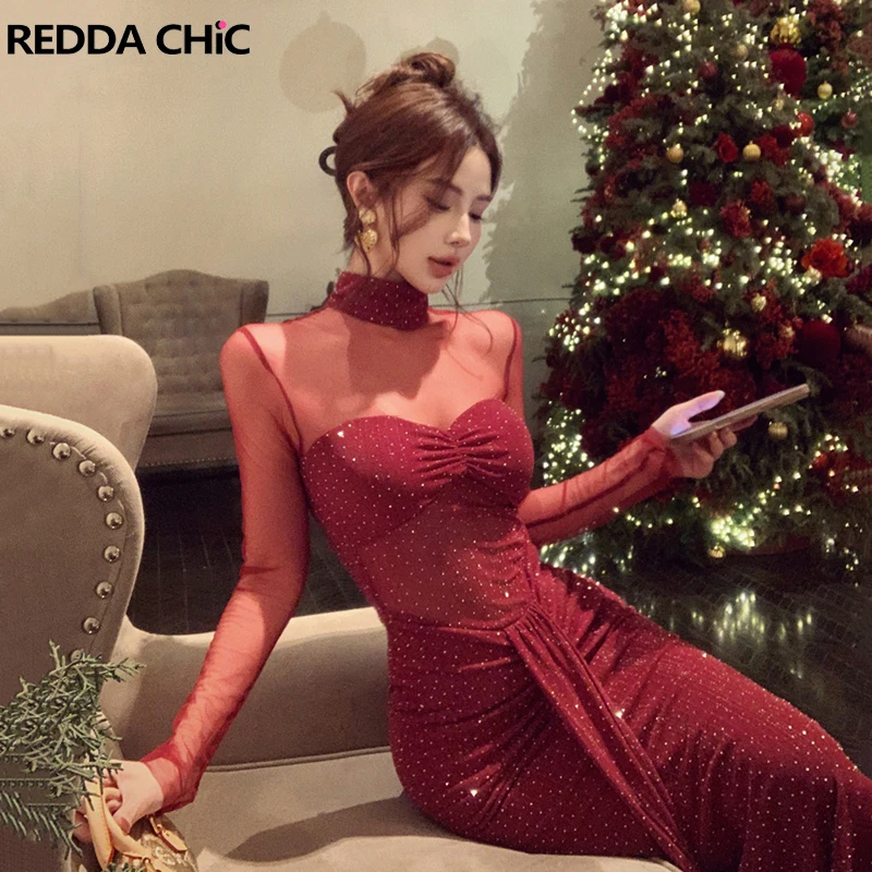 ReddaChic Lovertjes Mesh Maxi Jurk Rode Holle Coltrui Shirred Bodycon Avondjurk Cocktail Party Sexy Vrouwen Kleding