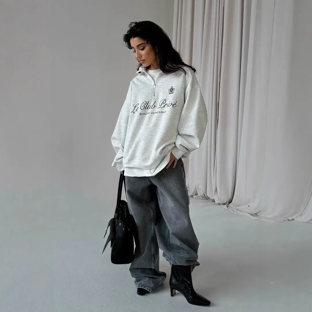 Damskie bluzy w stylu vintage francuskich marek, z zamkiem błyskawicznym, kołnierzykiem, biało-szare, z nadrukiem liter, duże rozmiary, oversize, codzienne topy.