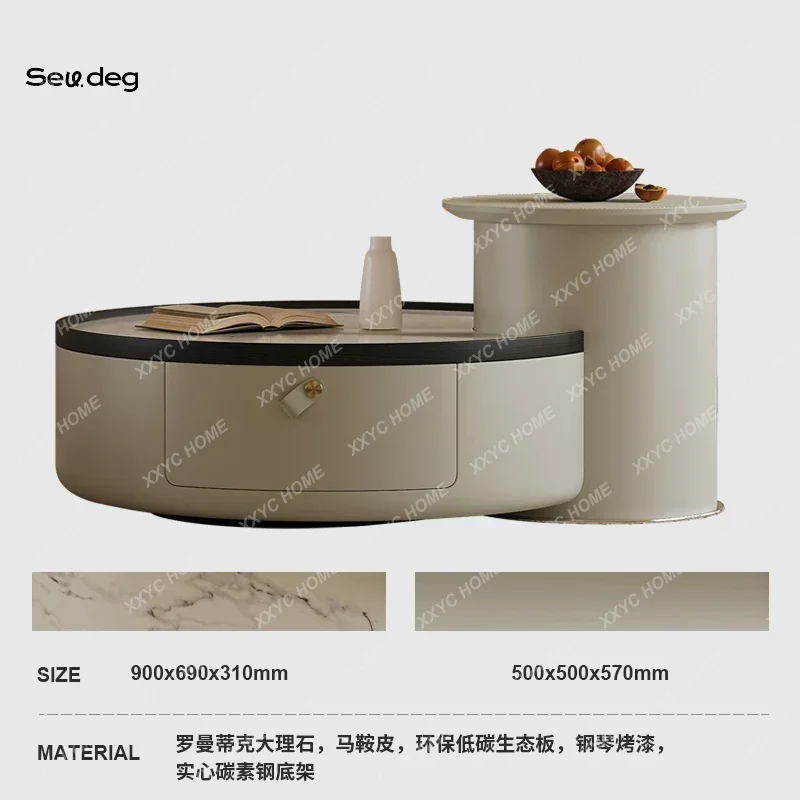 Marble coffee table modern minimalist small apartment saddle leather round coffee table combination