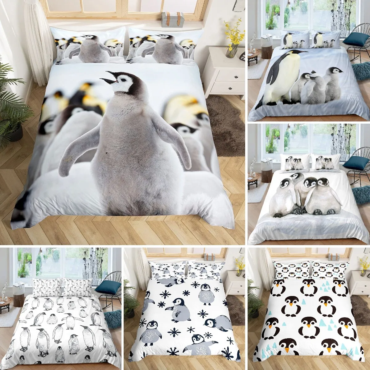 

King/Queen - Sized Penguin Duvet Cover: Cartoon Antarctic Animal Design. Soft White Quilt Cover for Kids, Boys, Girls & Teens