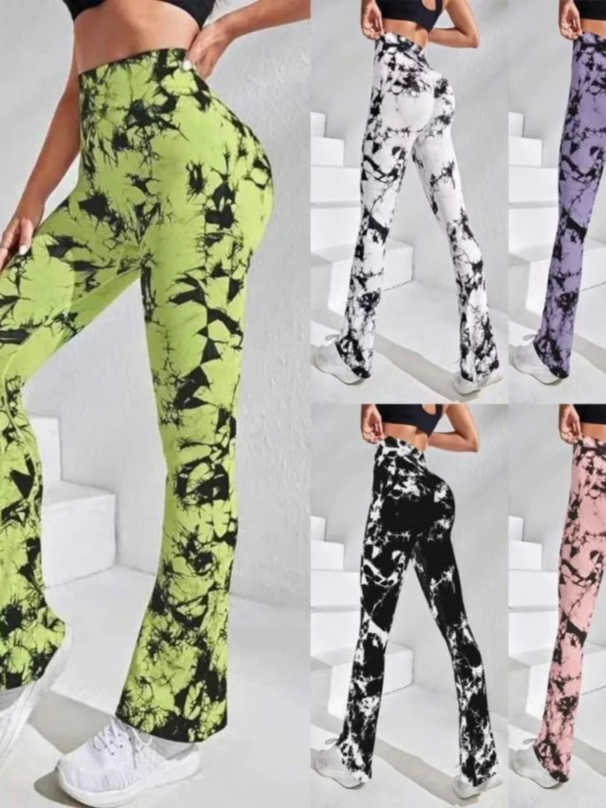 

Женские брюки для йоги с высокой талией и эффектом тай-дай, облегающие повседневные брюки с эффектом второй кожи, эластичный пояс, другие материалы