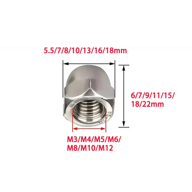 1/5/10/20/50Pcs 304 Stainless Steel Acorn Nut M3 M4 M5 M6 M8 M10 M12 Hex Domed Cap Nut Decorative Screw Fastener
