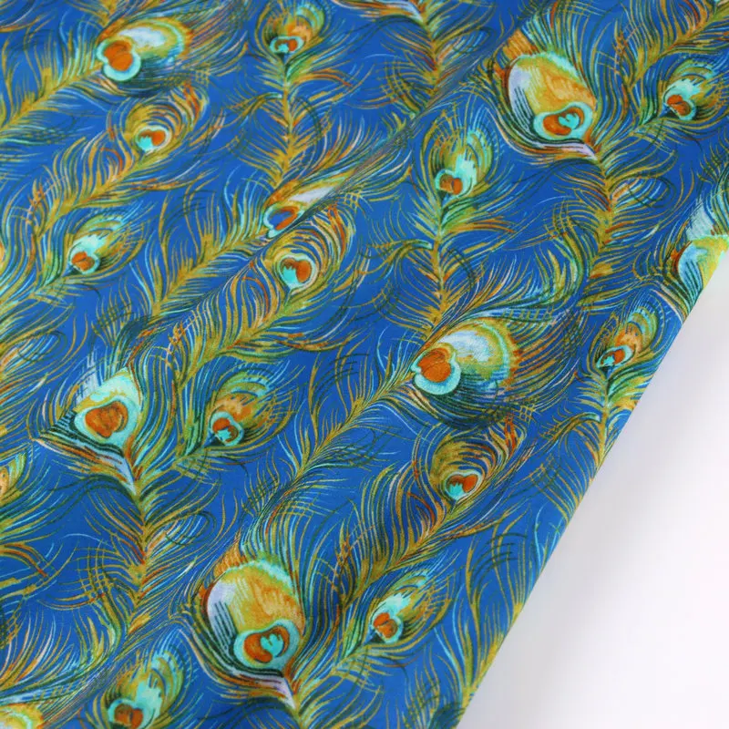 navy color Peacock feather custom cotton fabric digital printing services printed liberty London tana lawn fabric by the meter