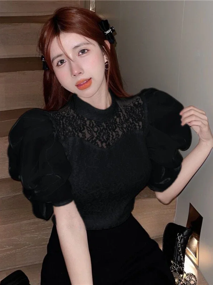 2024 Women Tops Korean Temperament Blouses Stand Neck Lantern Sleeve Vintage Shirts Sweet Lace Hollow Out Blusas Mujer