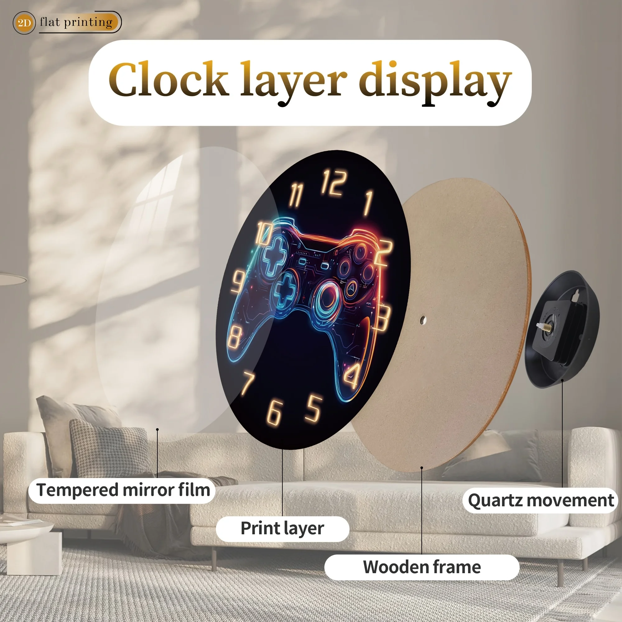 Digital Clock Gaming Controller/Silent Wooden Wall Clock/Flat 2D Print/Perfect for Studies, Classrooms, Offices/Ideal Gifts for New Year, Spring Festival, Ramadan, Valentine's Day