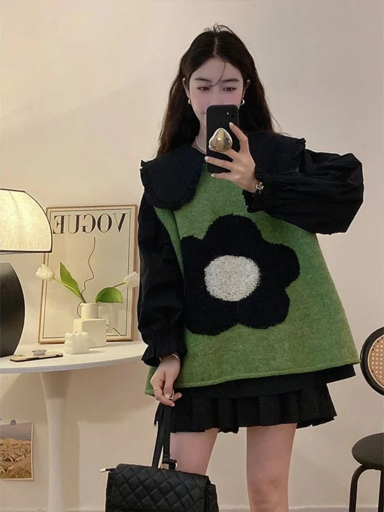 Green Lady Sweaters Flowers Knit Vests for Women Loose Pullover Waistcoat Casual Aesthetic Tops 2024 Y2k Autumn Winter Wool Warm