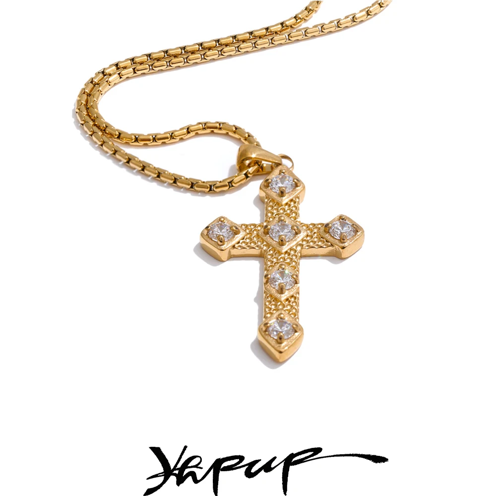 Yhpup Exquisite Shiny Cubic Zirconia Cross Classic Necklace Pendant for Women Stainless Steel Chain Temperament Jewelry Gift