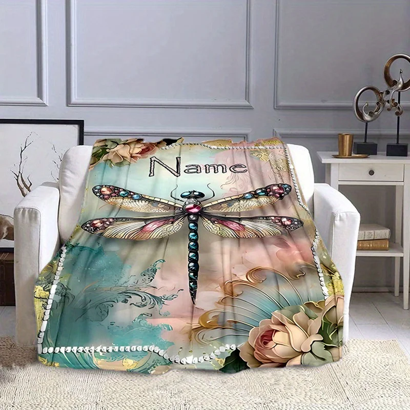Personalized Dragonfly Pattern Blanket with Name - Soft and Comfortable, Suitable for All Seasons
