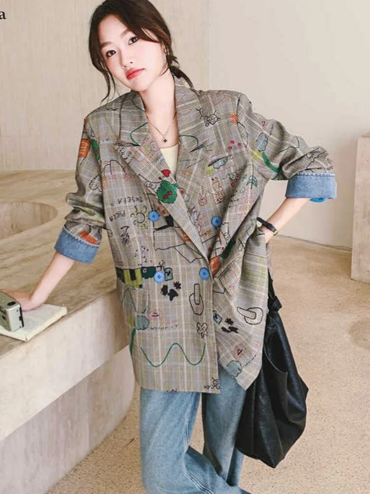 High Street Y2K Design Graffiti Plaid Blazer Jacket Loose Tailored Coat Women Casual Funny Cartoon Clothes Harajuku New Autumn