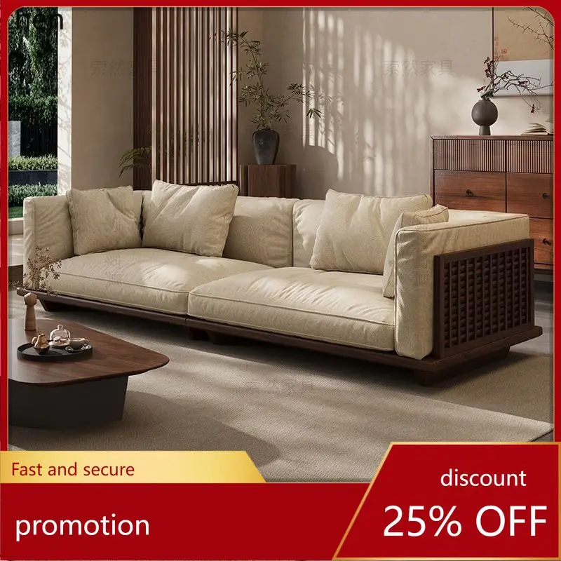 ZML Solid Wood Cotton Linen Fabric Sofa New Chinese Style Living Room Straight Four-Seater Home Small Apartment
