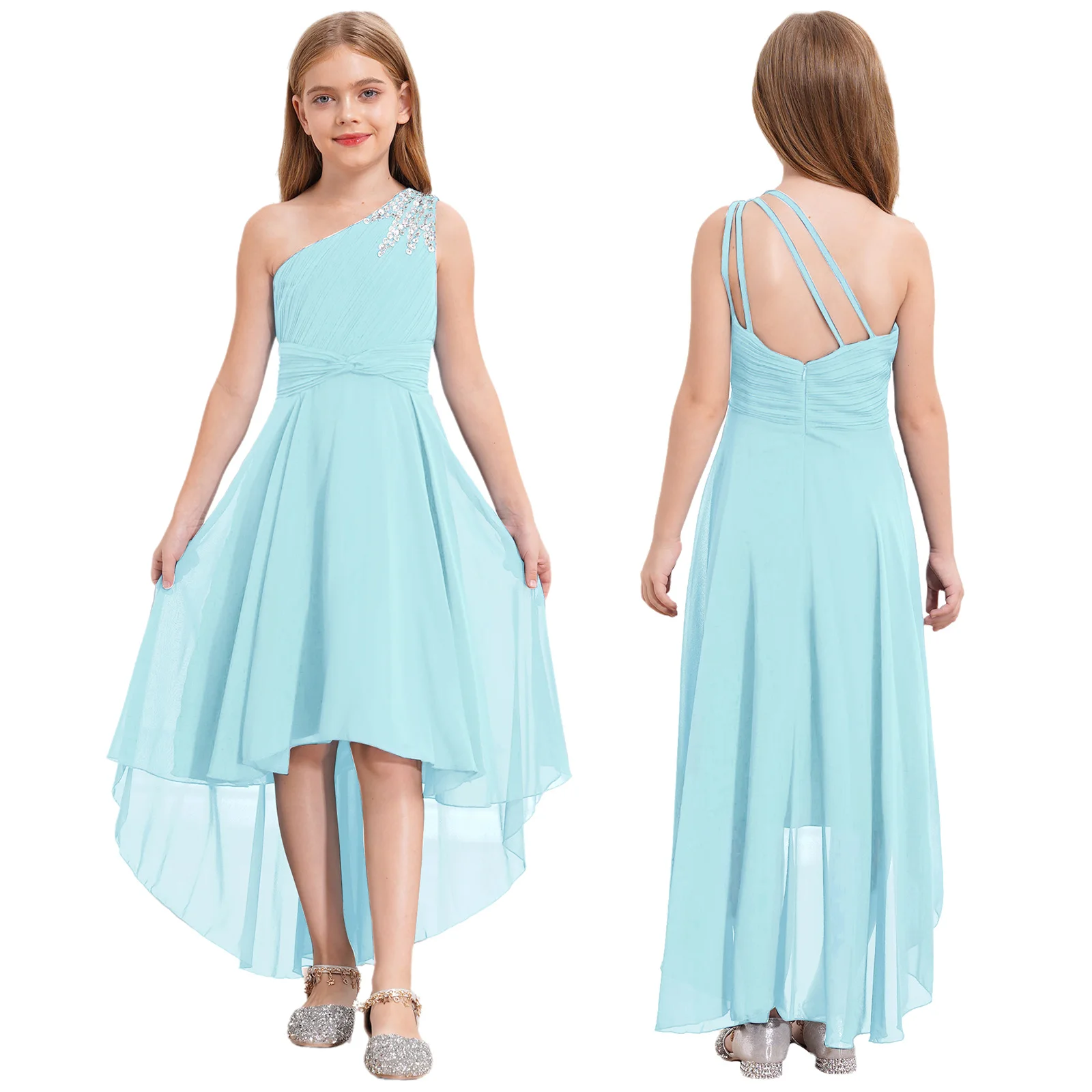 Girls Elegant Princess Christmas Wedding Birthday Party Dress One Shoulder Shiny Beaded Hi-low Hem Chiffon Ruched Evening Gown
