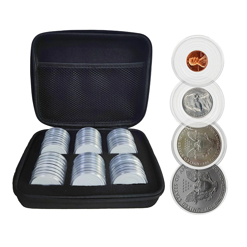 48PCS 46mm Capsule with Foam Gasket and Storage Organizer Bag for 19/24/29/34/39/46mm Commemorative Old Coin Collection Supplies