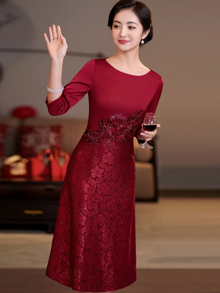 

Elegant Wedding Dress for Women Mid-Aged And Elderly Breathable Polyester Fiber round Neck Long Sleeve Mid-Length S...