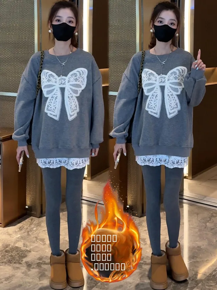 

Зимний утепленный свитшот с круглым вырезом для женщин, свободный модный топ с длинными рукавами, с узором в виде цветов и узлов