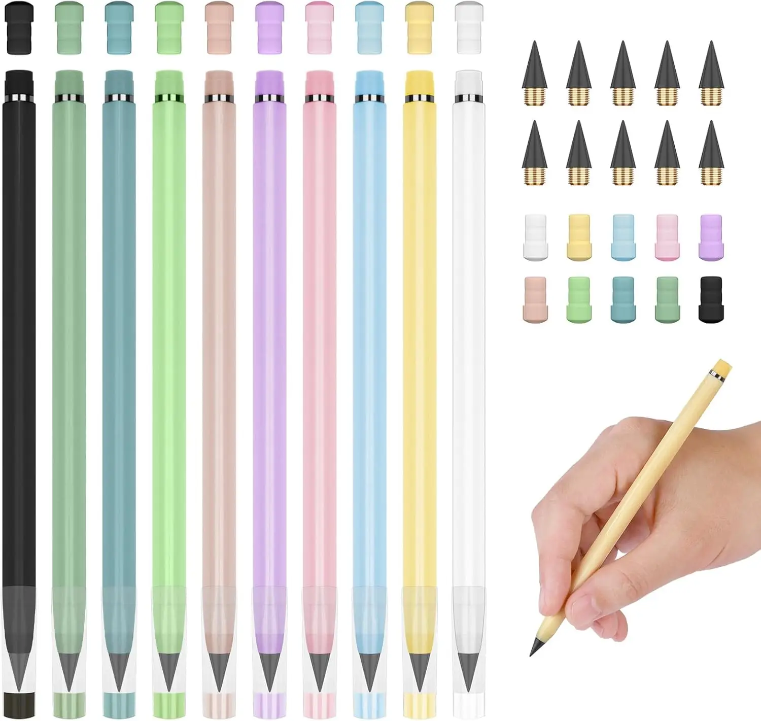 

10PCS Inkless Eternal Pencils with Replaceable Nibs and Erasers, No-Sharpening for Writing Drawing School Office