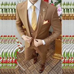Khaki Men Suits Full Set 3 Piece Jacket Pants Vest Daily Office Male Clothing Peak Lapel Single Breasted One Button Prom Party