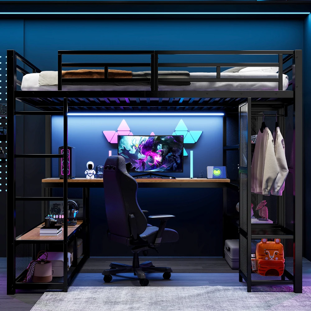 140 x 200 cm großes Hochbett aus Metall mit Stauraum und offenem Kleiderschrank, Kinderzimmerbett mit USB-Anschluss und LED-Beleuchtung, Schwarz/Weiß – Detail 3