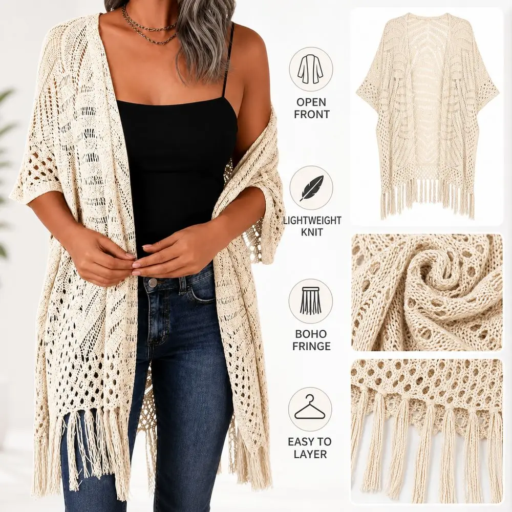 Fashion Boho Knit Cardigan Hollow Out Long Sleeve Knitted Sweater Oversized Lightweight Crochet Tassel Sweater Bikini Cover Up
