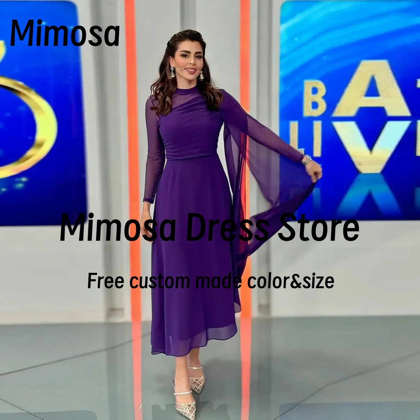 

Mimosa Purple Chiffon Women Wear Special Party Dress High Collar Prom Evening Dresses Long Sleeves Robes De Soirée Customized