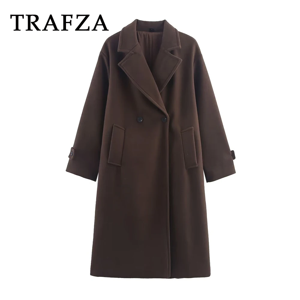 

TRAFZA Chic 2025 Women Vintage Brown Coats Buttons Turn-Down Collar Long Outwear Elegant Teacher Streetwear Autumn Casual Coats