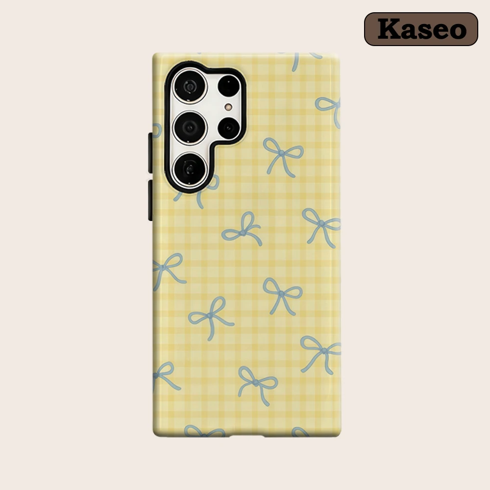 Kaseo Phone Case for Samsung Galaxy S26 S25 Ultra S24 Ultra Plus Shockproof Double Layer Light Blue Bows Yellow Gingham Cover