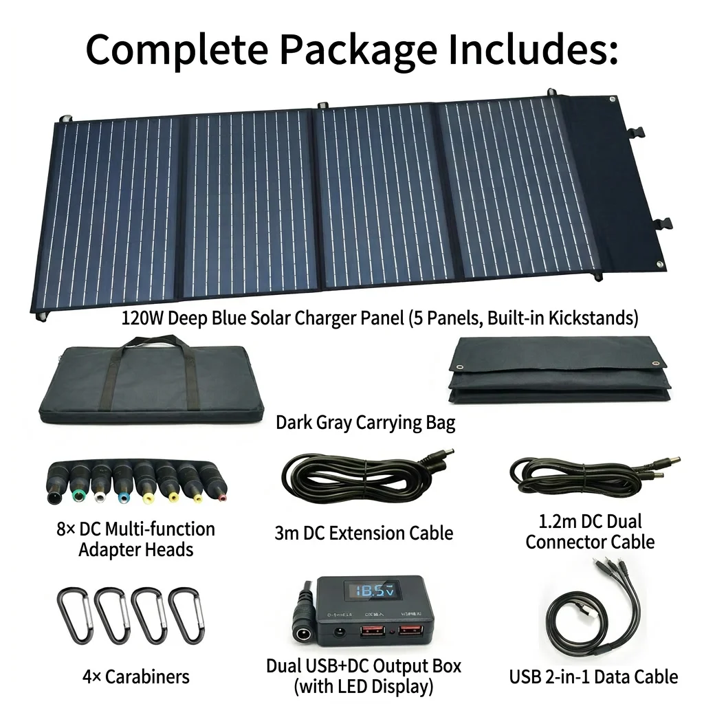 120W Portable 4-Fold Solar Panel, High Efficiency Waterproof Foldable Charger for Outdoor Camping RV 5V 12V Devices