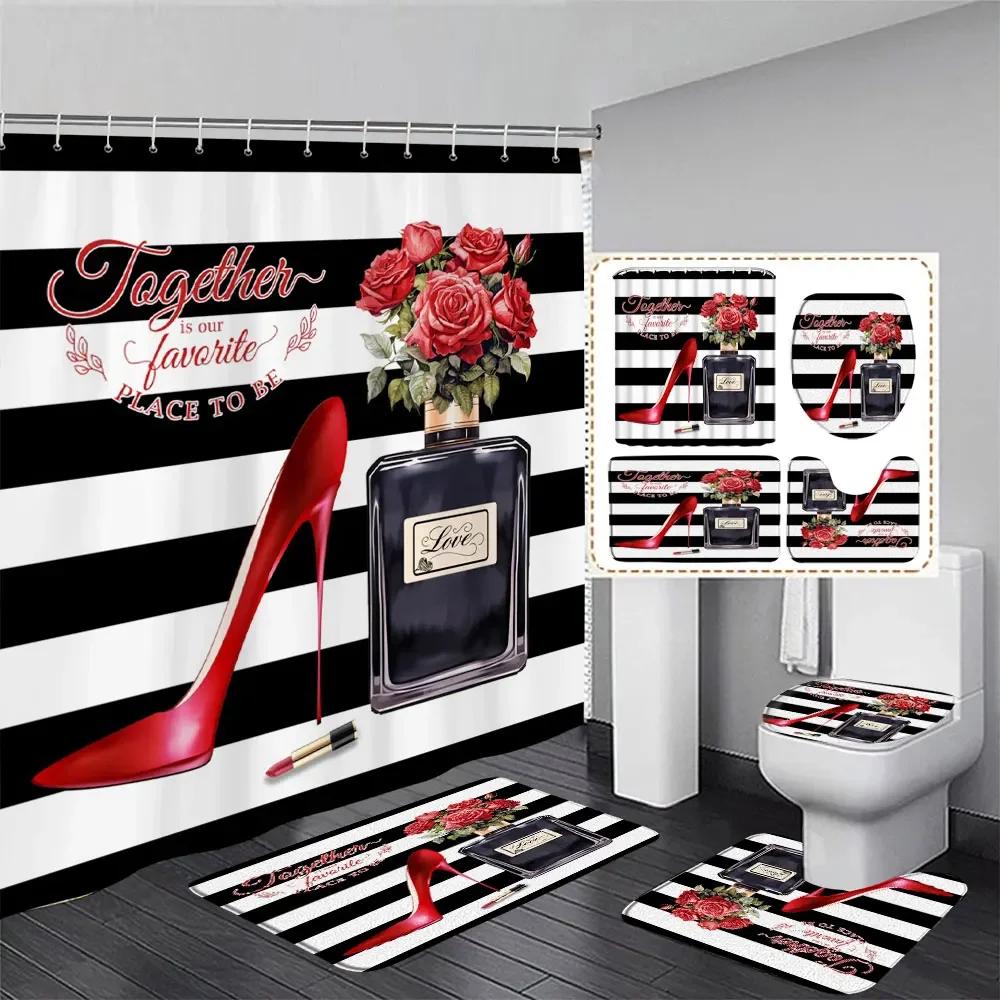 Valentine\'s Day Shower Curtain, Rose High Heels Lipstick Perfume Bottle Black and White Striped Romantic Bath Mat Bathroom Decor