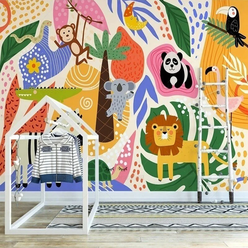 Custom Nordic Instagram hand-drawn cartoon forest cute animal park children's indoor TV bedroom home decoration background wall