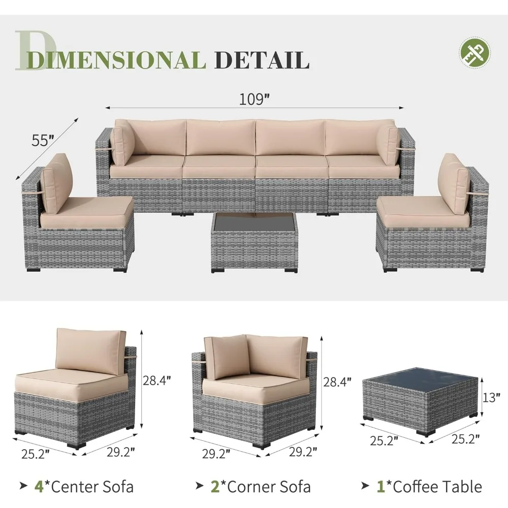 Patio Furniture Set, Outdoor Patio Furniture Wicker Furniture Couch Set, 7-Pieces Outdoor Sectional Sofa